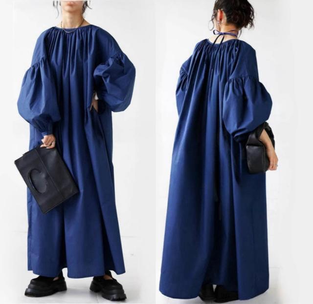 ワイド マキシ丈 ロング丈 ワンピース 紐リボン バルーン袖 ブルー 大きいサイズ < 女性ファッション ワイド マキシ丈 ロング丈 ワンピース 紐リボン バルーン袖 ブルー 大きいサイズ < 女性ファッションの