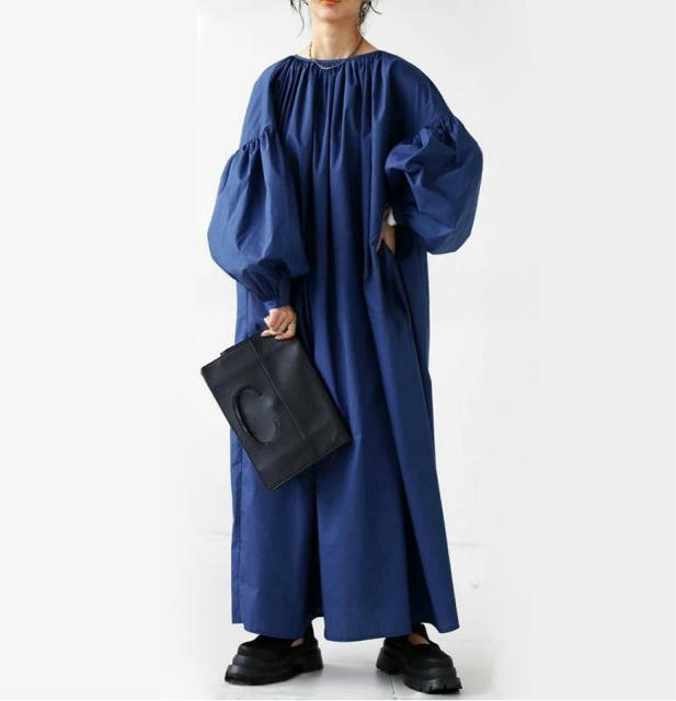 ワイド マキシ丈 ロング丈 ワンピース 紐リボン バルーン袖 ブルー 大きいサイズ < 女性ファッション ワイド マキシ丈 ロング丈 ワンピース 紐リボン バルーン袖 ブルー 大きいサイズ < 女性ファッションの