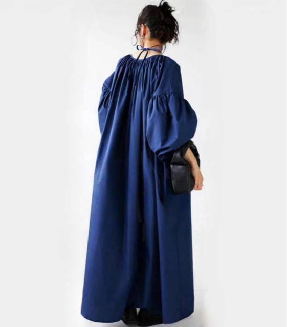 ワイド マキシ丈 ロング丈 ワンピース 紐リボン バルーン袖 ブルー 大きいサイズ < 女性ファッション ワイド マキシ丈 ロング丈 ワンピース 紐リボン バルーン袖 ブルー 大きいサイズ < 女性ファッションの