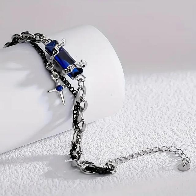 お試し価格490円★スタイリッシュなメンズ ブラック ラインストーン スター ブレスレット - チタン鋼、ガラスインレイ ブラック < 男性アクセサリー/時計  お試し価格490円★スタイリッシュなメンズ ブラック ラインストーン スター ブレスレット - チタン鋼、ガラスインレイ ブラック < 男性アクセサリー/時計の