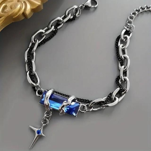 お試し価格490円★スタイリッシュなメンズ ブラック ラインストーン スター ブレスレット - チタン鋼、ガラスインレイ ブラック < 男性アクセサリー/時計  お試し価格490円★スタイリッシュなメンズ ブラック ラインストーン スター ブレスレット - チタン鋼、ガラスインレイ ブラック < 男性アクセサリー/時計の