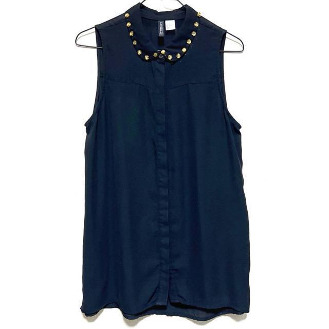 【美品】ビジュー襟ノースリーブカットソーシャツ/H&M/サイズM/黒 < 女性ファッション  【美品】ビジュー襟ノースリーブカットソーシャツ/H&M/サイズM/黒 < 女性ファッションの