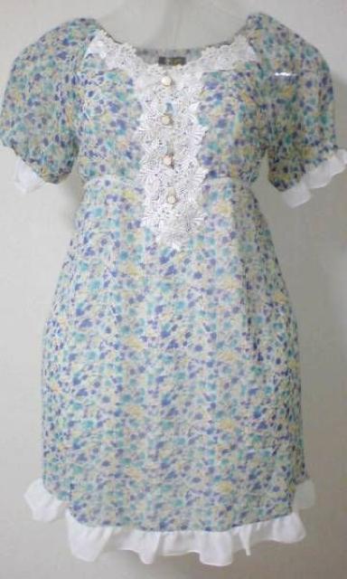 新品*花柄*フリル*シフォン*ワンピース*白×青系 < 女性ファッション 新品*花柄*フリル*シフォン*ワンピース*白×青系 < 女性ファッションの