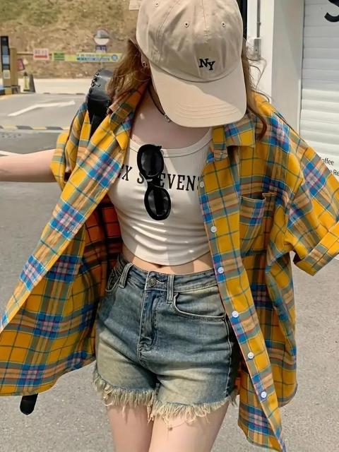爆ヤス価格1390円★レディース レトロ チェックシャツ -軽量 半袖 ボタンアップ ブラウス 青&黄チェック柄 日本サイズL < 女性ファッション 爆ヤス価格1390円★レディース レトロ チェックシャツ -軽量 半袖 ボタンアップ ブラウス 青&黄チェック柄 日本サイズL < 女性ファッションの