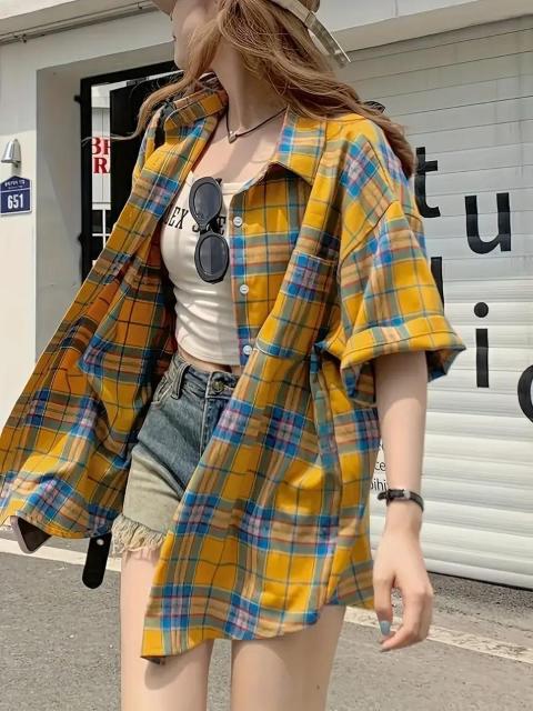 爆ヤス価格1390円★レディース レトロ チェックシャツ -軽量 半袖 ボタンアップ ブラウス 青&黄チェック柄 日本サイズL < 女性ファッション 爆ヤス価格1390円★レディース レトロ チェックシャツ -軽量 半袖 ボタンアップ ブラウス 青&黄チェック柄 日本サイズL < 女性ファッションの