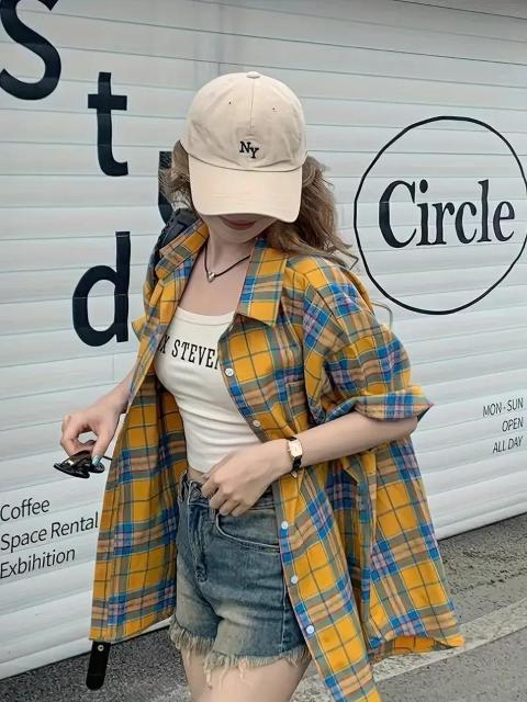 爆ヤス価格1390円★レディース レトロ チェックシャツ -軽量 半袖 ボタンアップ ブラウス 青&黄チェック柄 日本サイズL < 女性ファッション 爆ヤス価格1390円★レディース レトロ チェックシャツ -軽量 半袖 ボタンアップ ブラウス 青&黄チェック柄 日本サイズL < 女性ファッションの