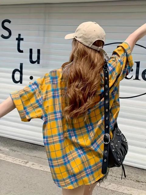 爆ヤス価格1390円★レディース レトロ チェックシャツ -軽量 半袖 ボタンアップ ブラウス 青&黄チェック柄 日本サイズL < 女性ファッション 爆ヤス価格1390円★レディース レトロ チェックシャツ -軽量 半袖 ボタンアップ ブラウス 青&黄チェック柄 日本サイズL < 女性ファッションの