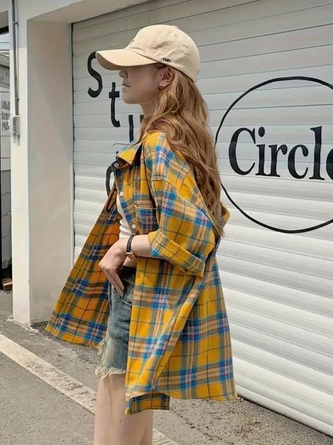 爆ヤス価格1390円★レディース レトロ チェックシャツ -軽量 半袖 ボタンアップ ブラウス 青&黄チェック柄 日本サイズL < 女性ファッション 爆ヤス価格1390円★レディース レトロ チェックシャツ -軽量 半袖 ボタンアップ ブラウス 青&黄チェック柄 日本サイズL < 女性ファッションの