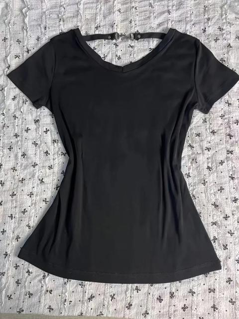超お買い得1390円★女性用のヴィンテージ調のバックレスメタルバックルトップ  スリムフィットVネック半袖Tシャツ 日本サイズL < 女性ファッション  超お買い得1390円★女性用のヴィンテージ調のバックレスメタルバックルトップ  スリムフィットVネック半袖Tシャツ 日本サイズL < 女性ファッションの