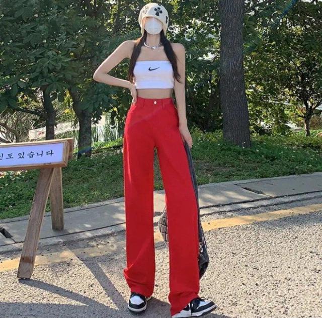 ★大きいサイズ脚長効果★赤レッドビタミンカラー可愛い♪綿コットン快適天然素材♪ロングワイドストレート☆お洒落カラーデニムパンツ < 女性ファッション  ★大きいサイズ脚長効果★赤レッドビタミンカラー可愛い♪綿コットン快適天然素材♪ロングワイドストレート☆お洒落カラーデニムパンツ  < 女性ファッションの