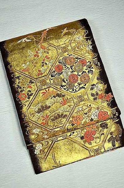 上品な袋帯 中古 美品 こげ茶に金箔 花鳥柄 T294 < 女性ファッション  上品な袋帯 中古 美品 こげ茶に金箔 花鳥柄 T294  < 女性ファッションの