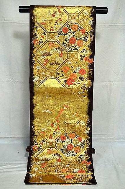 上品な袋帯 中古 美品 こげ茶に金箔 花鳥柄 T294 < 女性ファッション  上品な袋帯 中古 美品 こげ茶に金箔 花鳥柄 T294 < 女性ファッションの