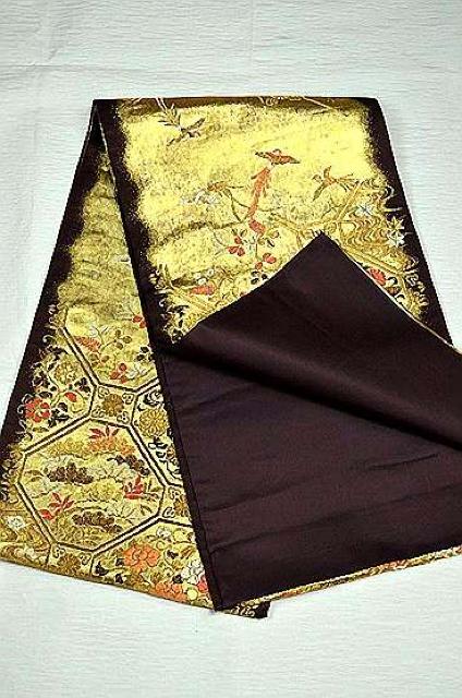 上品な袋帯 中古 美品 こげ茶に金箔 花鳥柄 T294 < 女性ファッション  上品な袋帯 中古 美品 こげ茶に金箔 花鳥柄 T294 < 女性ファッションの
