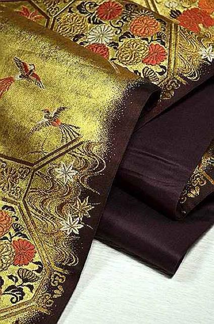 上品な袋帯 中古 美品 こげ茶に金箔 花鳥柄 T294 < 女性ファッション  上品な袋帯 中古 美品 こげ茶に金箔 花鳥柄 T294 < 女性ファッションの