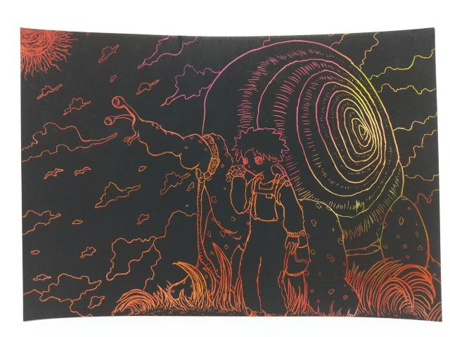 オリジナルイラスト 手描きイラスト デカタツムリ スクラッチアート ハンドメイド 自作 インテリア モノクロ カラフル 原画 絵 < アニメ/コミック/キャラクター  オリジナルイラスト 手描きイラスト デカタツムリ スクラッチアート ハンドメイド 自作 インテリア モノクロ カラフル 原画 絵 < アニメ/コミック/キャラクターの