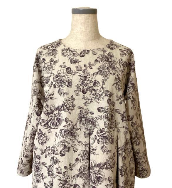 ハンドメイド 切り替えタックop アンティークローズ線画 生成りベージュ&ブラウン cotton&リネン < 女性ファッション ハンドメイド 切り替えタックop アンティークローズ線画 生成りベージュ&ブラウン cotton&リネン < 女性ファッションの