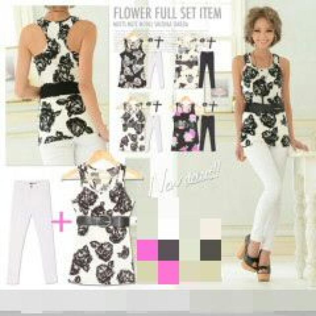 フルコーデ♪花柄タンクチュニック&美脚スキニーパンツ 2点セット ピンク < 女性ファッション  フルコーデ♪花柄タンクチュニック&美脚スキニーパンツ 2点セット ピンク  < 女性ファッションの