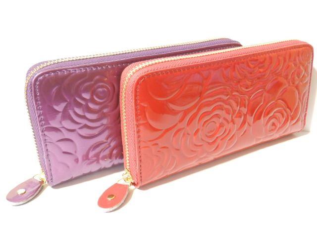 《New》ゴージャス・エナメル★薔薇/カメリア柄*オールラウンド長財布<パープル> < 女性ファッション  《New》ゴージャス・エナメル★薔薇/カメリア柄*オールラウンド長財布<パープル> < 女性ファッションの