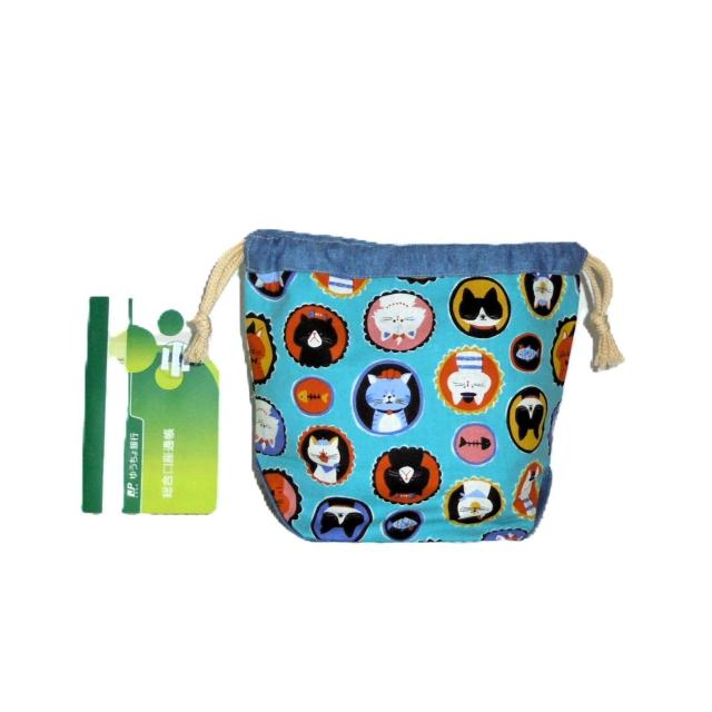 【底マチ幅が広い巾着】◆フレームに猫×ブルー地◆裏地あり巾着 < 女性ファッション 【底マチ幅が広い巾着】◆フレームに猫×ブルー地◆裏地あり巾着 < 女性ファッションの