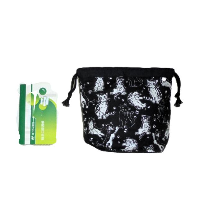 【底マチ幅が広い巾着】◆黒猫・ハチワレ・サバトラ・肉球×黒地◆裏地あり巾着 < 女性ファッション 【底マチ幅が広い巾着】◆黒猫・ハチワレ・サバトラ・肉球×黒地◆裏地あり巾着 < 女性ファッションの