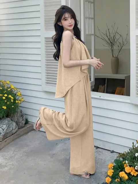 超お買い得1990円★レディース 夏 クロップトップ ワイドレッグパンツ セット ゴム入りウエスト日本サイズM カーキ < 女性ファッション  超お買い得1990円★レディース 夏 クロップトップ ワイドレッグパンツ セット ゴム入りウエスト日本サイズM カーキ  < 女性ファッションの