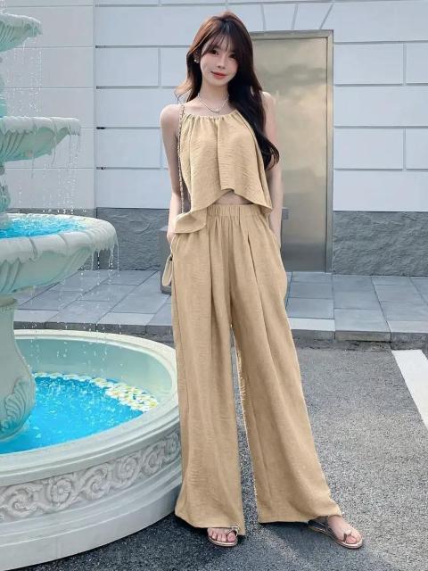 超お買い得1990円★レディース 夏 クロップトップ ワイドレッグパンツ セット ゴム入りウエスト日本サイズM カーキ < 女性ファッション  超お買い得1990円★レディース 夏 クロップトップ ワイドレッグパンツ セット ゴム入りウエスト日本サイズM カーキ < 女性ファッションの