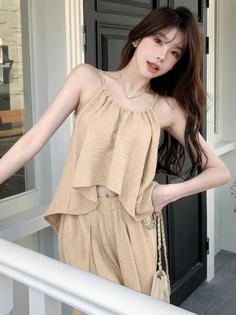 超お買い得1990円★レディース 夏 クロップトップ ワイドレッグパンツ セット ゴム入りウエスト日本サイズM カーキ < 女性ファッション  超お買い得1990円★レディース 夏 クロップトップ ワイドレッグパンツ セット ゴム入りウエスト日本サイズM カーキ < 女性ファッションの