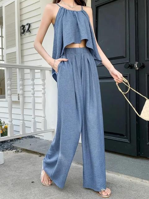 超お買い得1990円★レディース 夏 クロップトップ ワイドレッグパンツ セット ゴム入りウエスト日本サイズM カーキ < 女性ファッション  超お買い得1990円★レディース 夏 クロップトップ ワイドレッグパンツ セット ゴム入りウエスト日本サイズM カーキ < 女性ファッションの