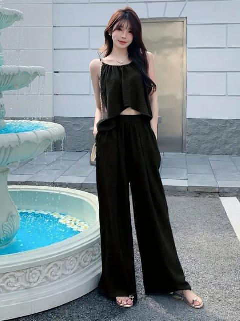 超お買い得1990円★レディース 夏 クロップトップ ワイドレッグパンツ セット ゴム入りウエスト日本サイズM カーキ < 女性ファッション  超お買い得1990円★レディース 夏 クロップトップ ワイドレッグパンツ セット ゴム入りウエスト日本サイズM カーキ < 女性ファッションの