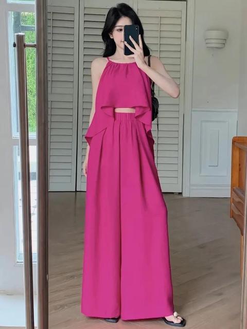 超お買い得1990円★レディース 夏 クロップトップ ワイドレッグパンツ セット ゴム入りウエスト日本サイズM カーキ < 女性ファッション  超お買い得1990円★レディース 夏 クロップトップ ワイドレッグパンツ セット ゴム入りウエスト日本サイズM カーキ < 女性ファッションの