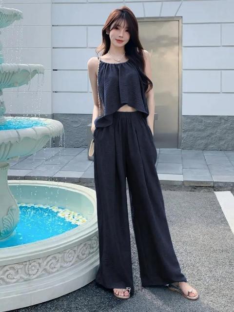 超お買い得1990円★レディース 夏 クロップトップ ワイドレッグパンツ セット ゴム入りウエスト日本サイズM カーキ < 女性ファッション  超お買い得1990円★レディース 夏 クロップトップ ワイドレッグパンツ セット ゴム入りウエスト日本サイズM カーキ < 女性ファッションの