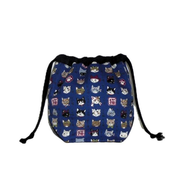 【底マチ幅が広い巾着】◆日本猫◆日本のねこちゃん図鑑×紺地◆裏地あり巾着 < 女性ファッション 【底マチ幅が広い巾着】◆日本猫◆日本のねこちゃん図鑑×紺地◆裏地あり巾着 < 女性ファッションの