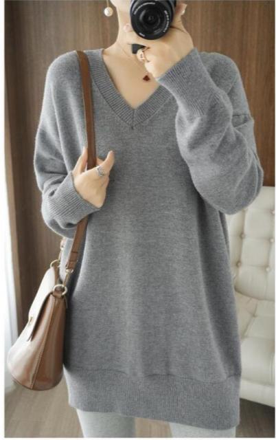 ニット セーター Vネック ロング丈 ゆったり ライトグレー 大きいサイズ < 女性ファッション ニット セーター Vネック ロング丈 ゆったり ライトグレー 大きいサイズ < 女性ファッションの