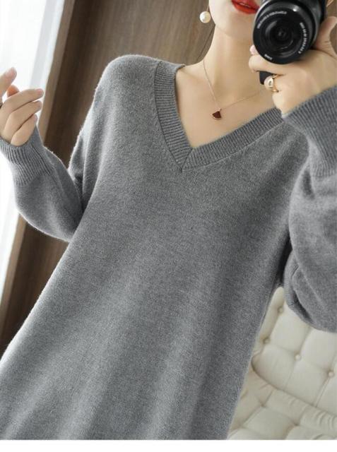 ニット セーター Vネック ロング丈 ゆったり ライトグレー 大きいサイズ < 女性ファッション ニット セーター Vネック ロング丈 ゆったり ライトグレー 大きいサイズ < 女性ファッションの