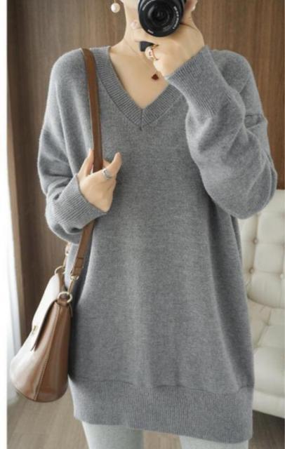 ニット セーター Vネック ロング丈 ゆったり ライトグレー 大きいサイズ < 女性ファッション ニット セーター Vネック ロング丈 ゆったり ライトグレー 大きいサイズ < 女性ファッションの