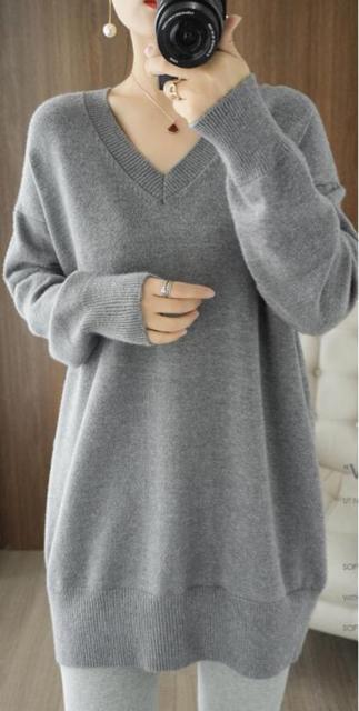 ニット セーター Vネック ロング丈 ゆったり ライトグレー 大きいサイズ < 女性ファッション ニット セーター Vネック ロング丈 ゆったり ライトグレー 大きいサイズ < 女性ファッションの