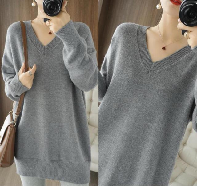ニット セーター Vネック ロング丈 ゆったり ライトグレー 大きいサイズ < 女性ファッション ニット セーター Vネック ロング丈 ゆったり ライトグレー 大きいサイズ < 女性ファッションの