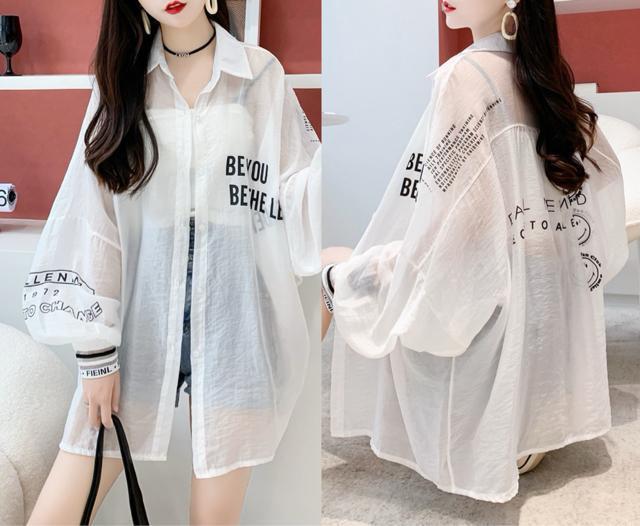 シースルー シャツカーディガン スマイル柄 前開き ホワイト 大きいサイズ < 女性ファッション シースルー シャツカーディガン スマイル柄 前開き ホワイト 大きいサイズ < 女性ファッションの