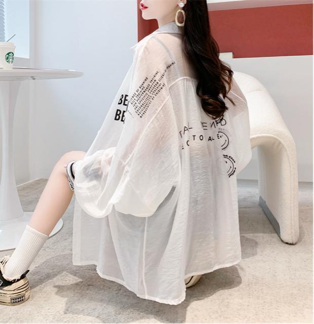 シースルー シャツカーディガン スマイル柄 前開き ホワイト 大きいサイズ < 女性ファッション シースルー シャツカーディガン スマイル柄 前開き ホワイト 大きいサイズ < 女性ファッションの