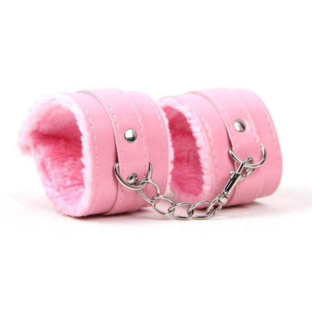 ファー付き ボンテージレザー ハンドカフス ベルト式 ピンク < 女性ファッション  ファー付き ボンテージレザー ハンドカフス ベルト式 ピンク < 女性ファッションの
