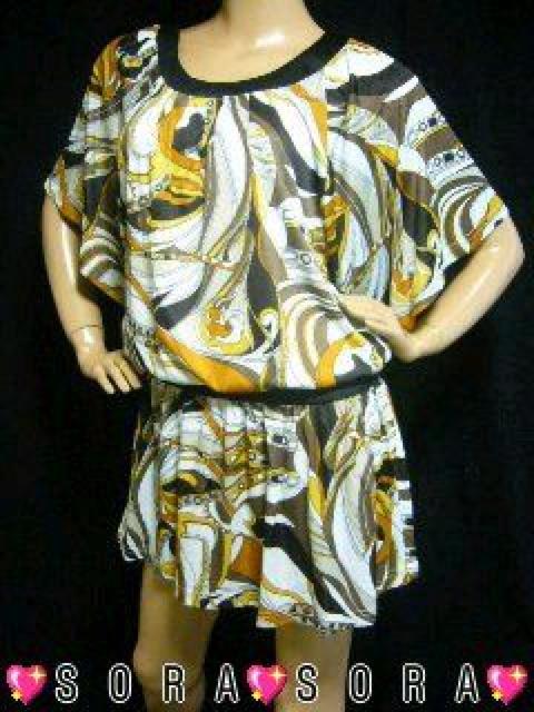 レトロ柄.モダン.オシャレ♪ボリューム着物袖ドレープ パフスリーブ チュニックワンピ < 女性ファッション  レトロ柄.モダン.オシャレ♪ボリューム着物袖ドレープ パフスリーブ チュニックワンピ < 女性ファッションの