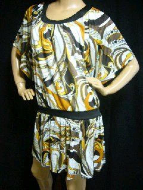 レトロ柄.モダン.オシャレ♪ボリューム着物袖ドレープ パフスリーブ チュニックワンピ < 女性ファッション  レトロ柄.モダン.オシャレ♪ボリューム着物袖ドレープ パフスリーブ チュニックワンピ < 女性ファッションの