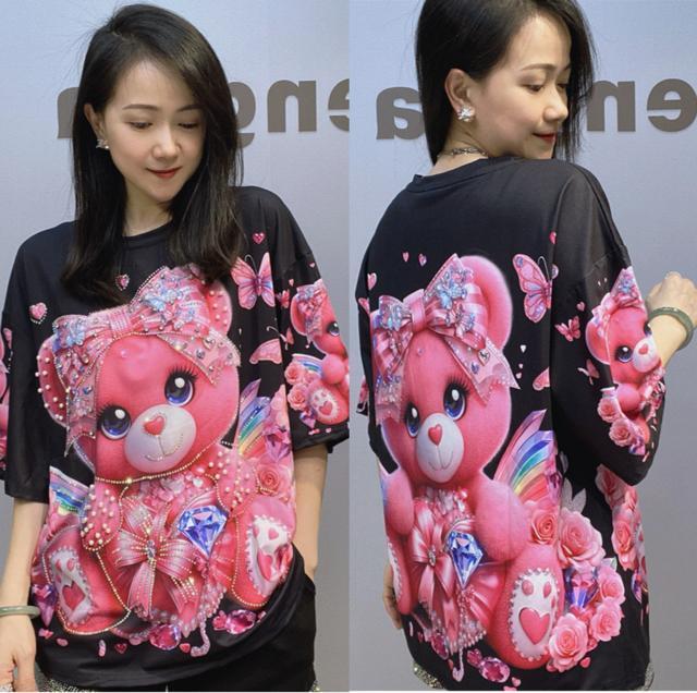 キュートリボンクマ柄 キラキララインストーン パール付き ブラック 大きいサイズ < 女性ファッション キュートリボンクマ柄 キラキララインストーン パール付き ブラック 大きいサイズ < 女性ファッションの