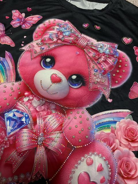 キュートリボンクマ柄 キラキララインストーン パール付き ブラック 大きいサイズ < 女性ファッション キュートリボンクマ柄 キラキララインストーン パール付き ブラック 大きいサイズ < 女性ファッションの