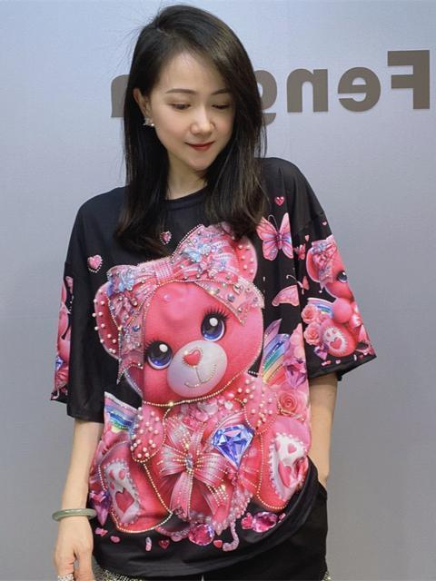 キュートリボンクマ柄 キラキララインストーン パール付き ブラック 大きいサイズ < 女性ファッション キュートリボンクマ柄 キラキララインストーン パール付き ブラック 大きいサイズ < 女性ファッションの