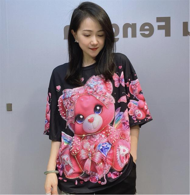 キュートリボンクマ柄 キラキララインストーン パール付き ブラック 大きいサイズ < 女性ファッション キュートリボンクマ柄 キラキララインストーン パール付き ブラック 大きいサイズ < 女性ファッションの