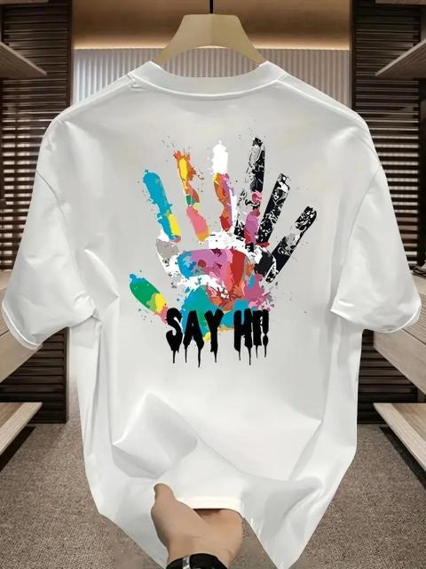 爆ヤス価格1490円★メンズ コットングラフィックTシャツ ルーズフィット半袖、カラフルな手形&「SAY HI!」日本サイズXL < 男性ファッション  爆ヤス価格1490円★メンズ コットングラフィックTシャツ ルーズフィット半袖、カラフルな手形&「SAY HI!」日本サイズXL  < 男性ファッションの