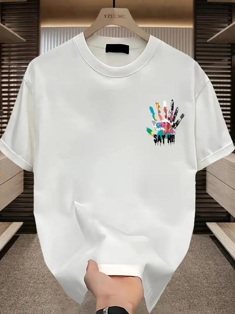 爆ヤス価格1490円★メンズ コットングラフィックTシャツ ルーズフィット半袖、カラフルな手形&「SAY HI!」日本サイズXL < 男性ファッション  爆ヤス価格1490円★メンズ コットングラフィックTシャツ ルーズフィット半袖、カラフルな手形&「SAY HI!」日本サイズXL < 男性ファッションの