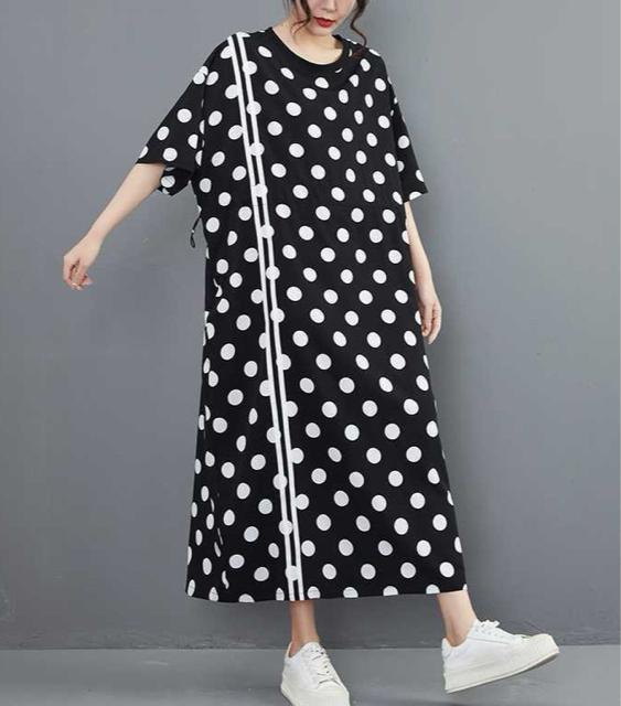 ロング丈 ドット柄ワンピース 2本ライン付き ウエスト調整ゴム ブラック 大きいサイズ < 女性ファッション ロング丈 ドット柄ワンピース 2本ライン付き ウエスト調整ゴム ブラック 大きいサイズ < 女性ファッションの