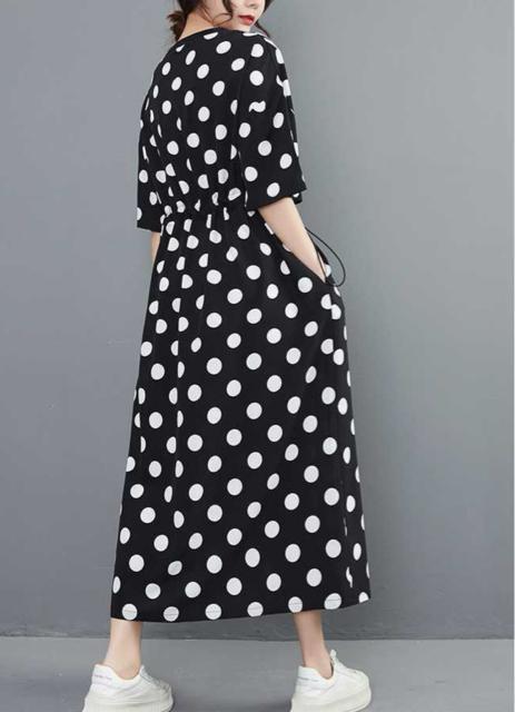 ロング丈 ドット柄ワンピース 2本ライン付き ウエスト調整ゴム ブラック 大きいサイズ < 女性ファッション ロング丈 ドット柄ワンピース 2本ライン付き ウエスト調整ゴム ブラック 大きいサイズ < 女性ファッションの